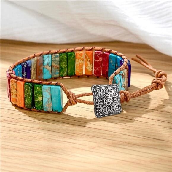 7 Chakra Bracelets for Women with Real Stones Leather Wrap Healing Bead Bracelet - Picture 3 of 7
